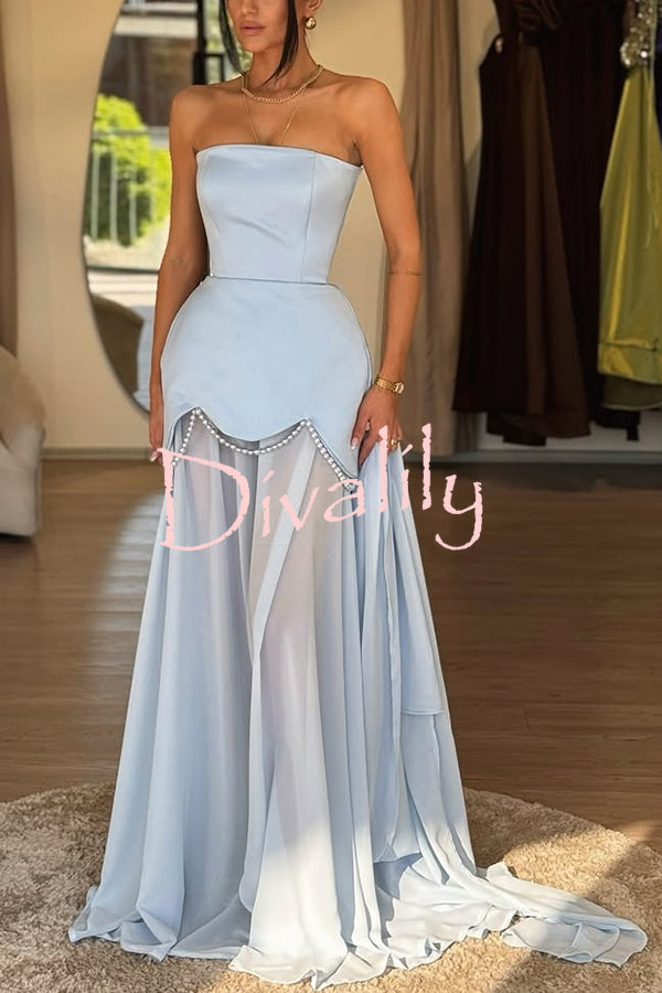 Jiya Satin Petal Hem Pearl Detail Chiffon Cape Strapless Maxi Dress