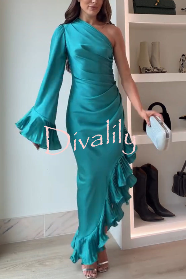 Elegant Satin One Shoulder Sleeve Pleated Ruffles Trim Ruched Asymmetrical Maxi Dress