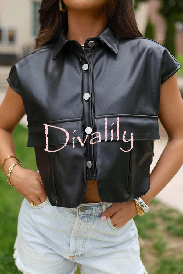 Fashion Faux Leather Pocket Sleeveless Cropped Jacket
