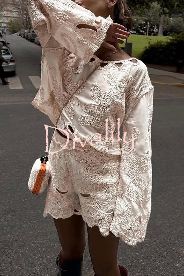 Fashionable Round Neck Long Sleeve Hollow Embroidered Top and Elastic Waist Loose Shorts Set