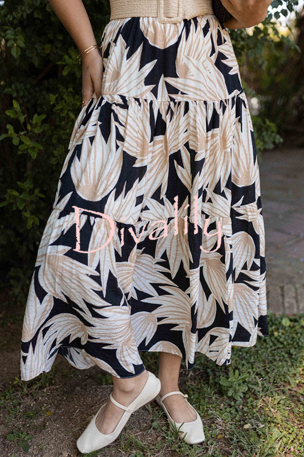 Resort Style Botanical Print Elastic Waist Loose Stitching Midi Skirt