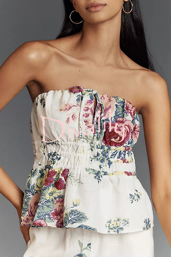 In To The Summer Linen Blend Floral Print Elastic Bandeau and Elastic Waist Pocket Loose Pants Set