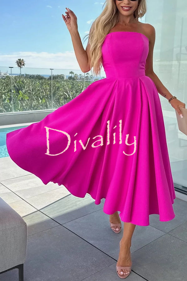 Sweet Cascade Solid Color Off Shoulder Pocket Full Hem Midi Dress