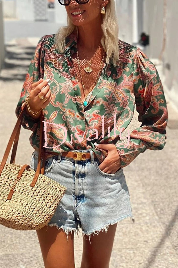 Unique Printed Loose Resort Long Sleeve Shirt