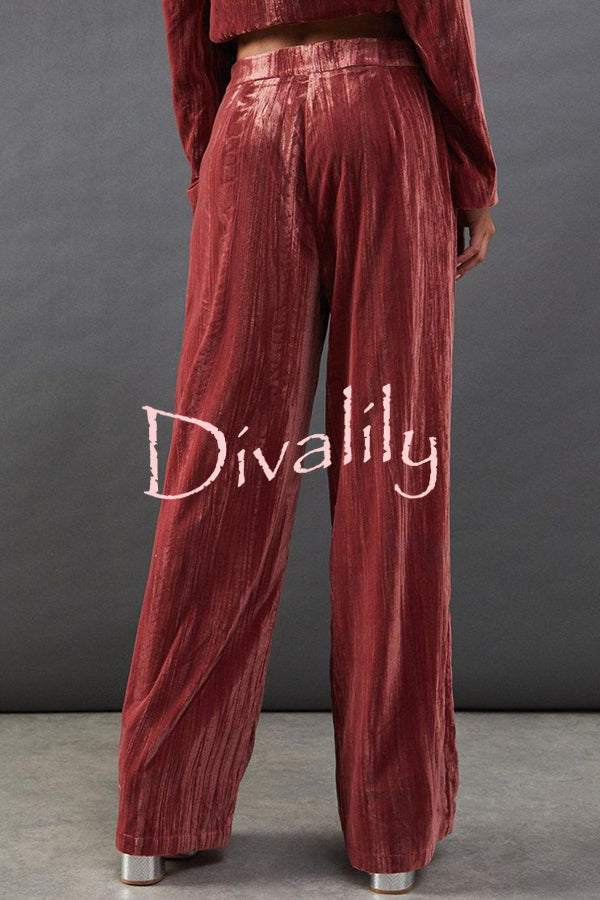Solid Color Velvet Long-sleeved Waist Tie Top and Elastic Waist Casual Pocket Straight-leg Pants Set