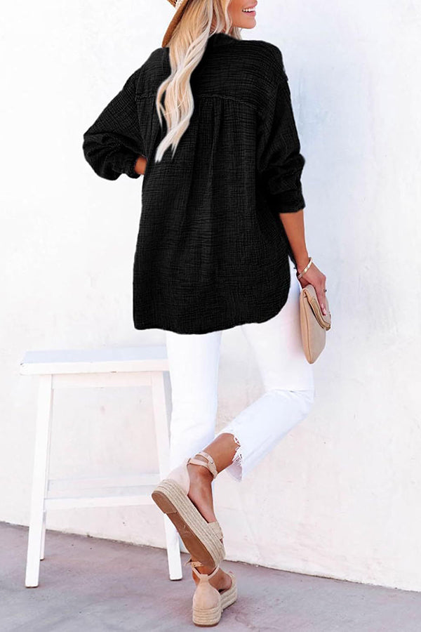 Solid Color Long Sleeve Pleated Button Loose Top
