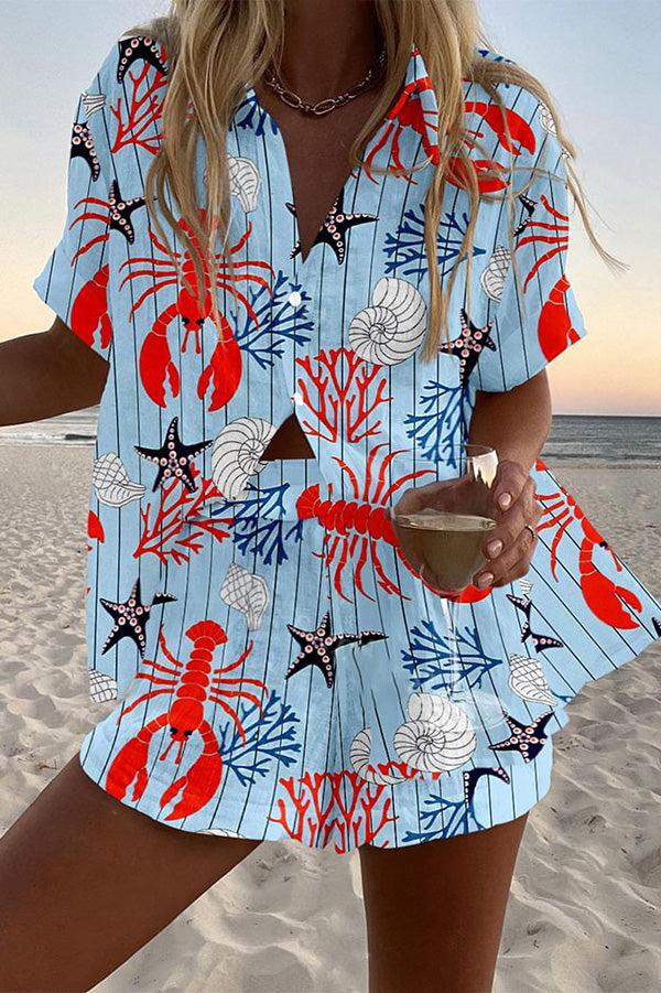 Marine Life Print Loose Button Elastic Waist Shorts Set