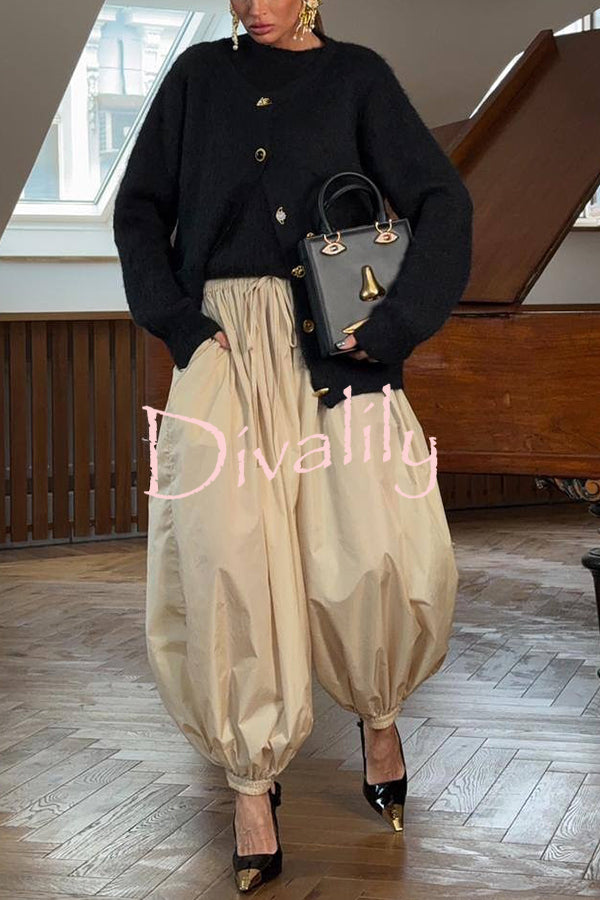 Solid Color Casual Pocket Elastic Waist Lantern Wide Leg Pants