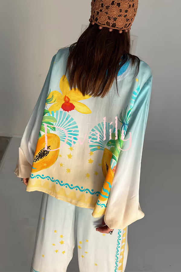 See You in Rio Tropical Fruits Print Button Long Sleeve Loose Blouse