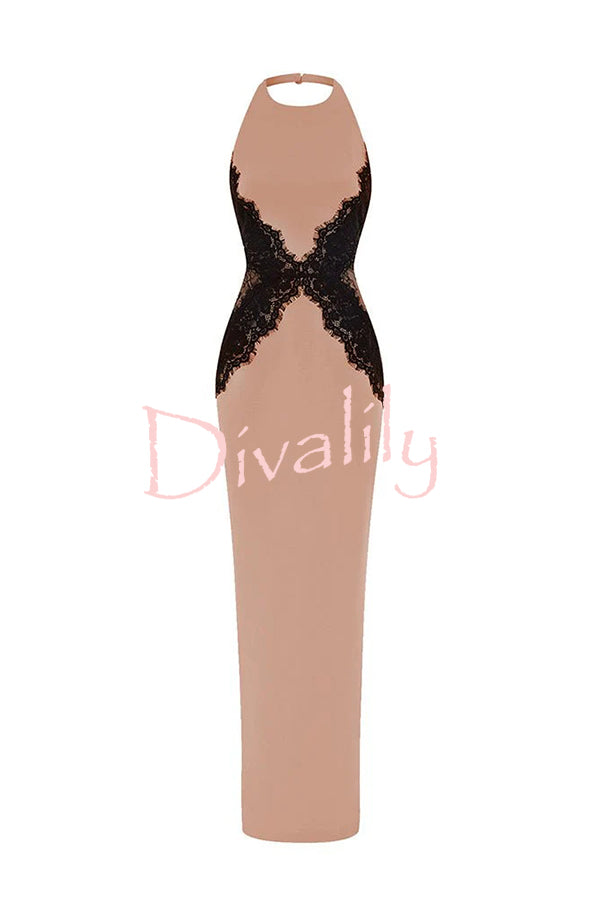 Sexy Halterneck Lace Paneled Backless Slim Maxi Dress