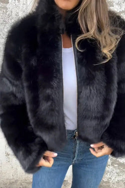 Stylish Faux Fur Turtleneck Zipper Casual Jacket