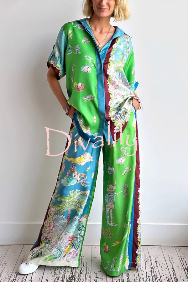Unique Printed Lapel Short-sleeved Loose Shirt and Elastic Waist Tie Wide-leg Pants Set