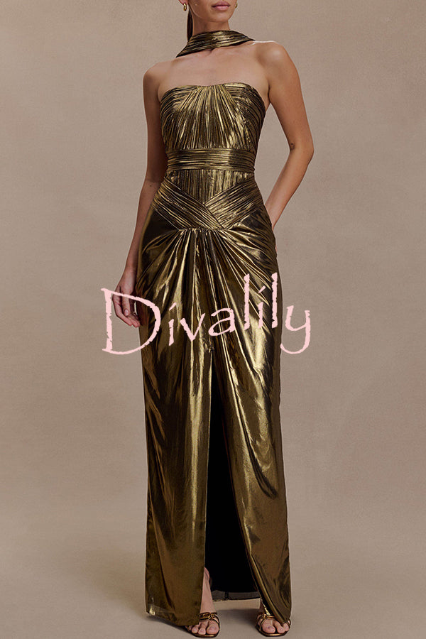 Clemence Plisse Metallic Fabric Reverse Halter Beck Strap Drape Slit Maxi Dress