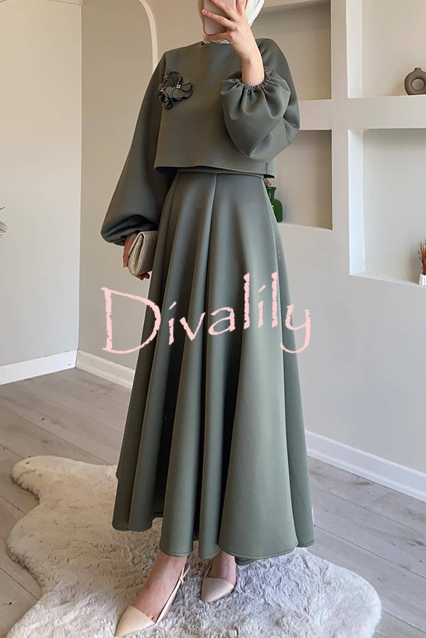Solid Color Flower-embellished Lantern Sleeve Loose Top and Casual Maxi Skirt Set