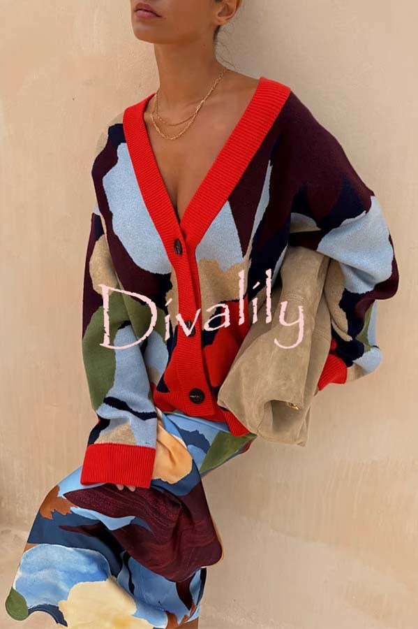 Bright and Bold Knit Abstract Color Blocks Button Long Sleeve Loose Cardigan