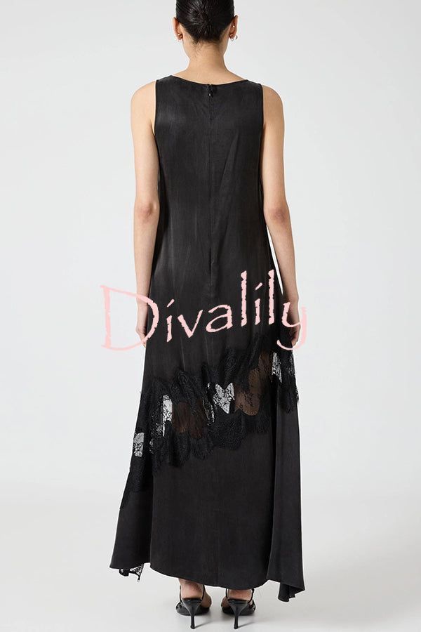 Pretty Soul Satin Lace Trim Wide Neck Irregular Hem Slit Maxi Dress