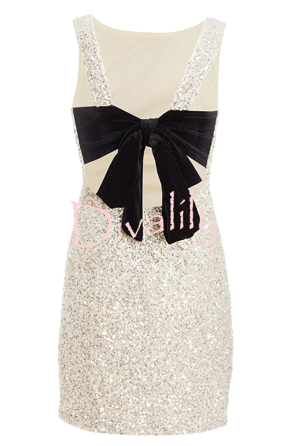 Party Time Starts Sequin Back Velevt Bow Detail Stretch Mini Dress