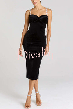Harley Luxurious Velvet Fabric Jewel-embellished Shoulder Straps Midi Dress