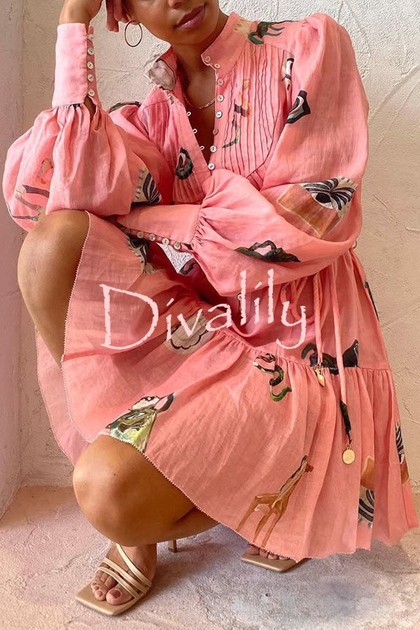 Unique Print Single Breasted Balloon Sleeve Tie Waist Ruffled Mini Dress