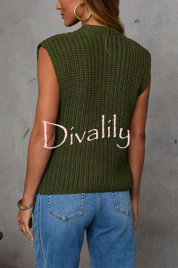 Solid Color Sleeveless Button Pocket Knit Vest