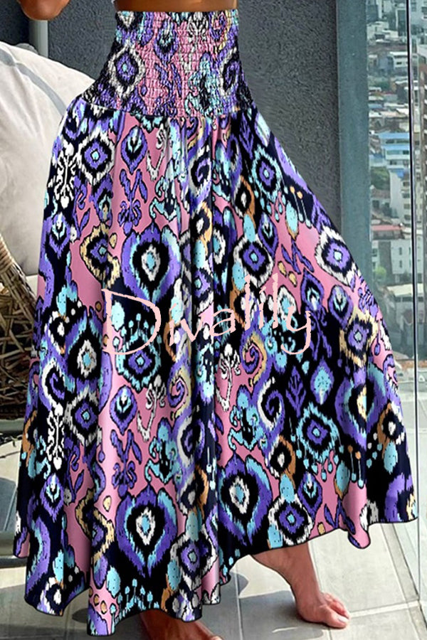 Unique Printed Pleated Elastic Waist Holiday Casual Maxi Skirt