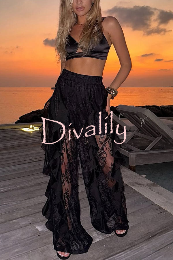 Zoella Lace Draped Ruffles Patchwork High Rise Elastic Waist Wide Leg Pants