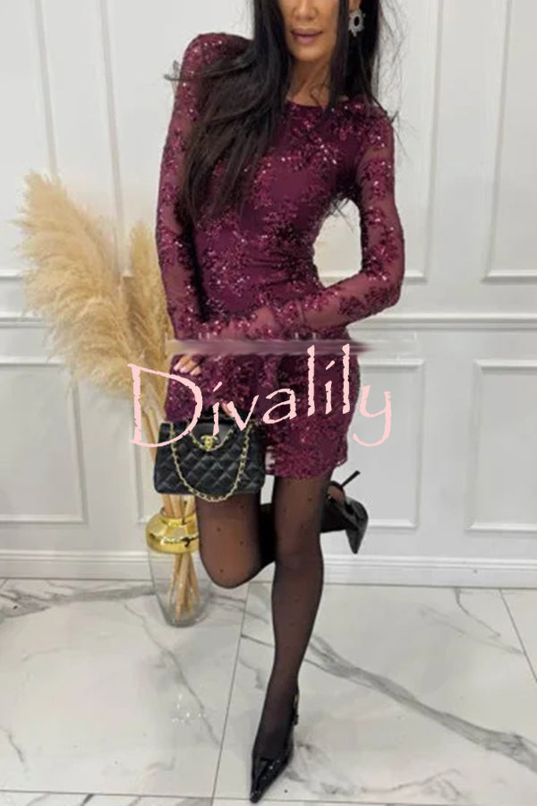 Deep and Dazzling Floral Texture Sequin Long Bell Sleeve Open Back Mini Dress