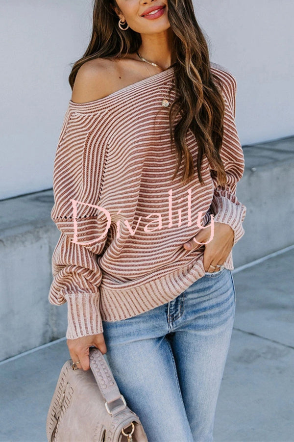 Knitted Striped Round Neck Dolman Sleeve Casual Loose Sweater