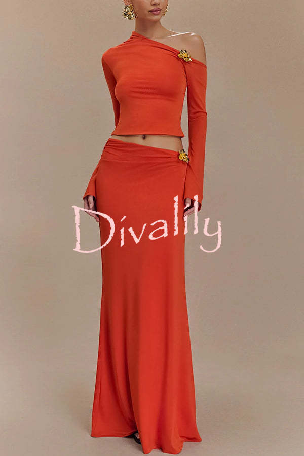 Ainsley Floral Hardware Asymmetrical Long Sleeve Stretch Top and Mid Rise Maxi Skirt Set