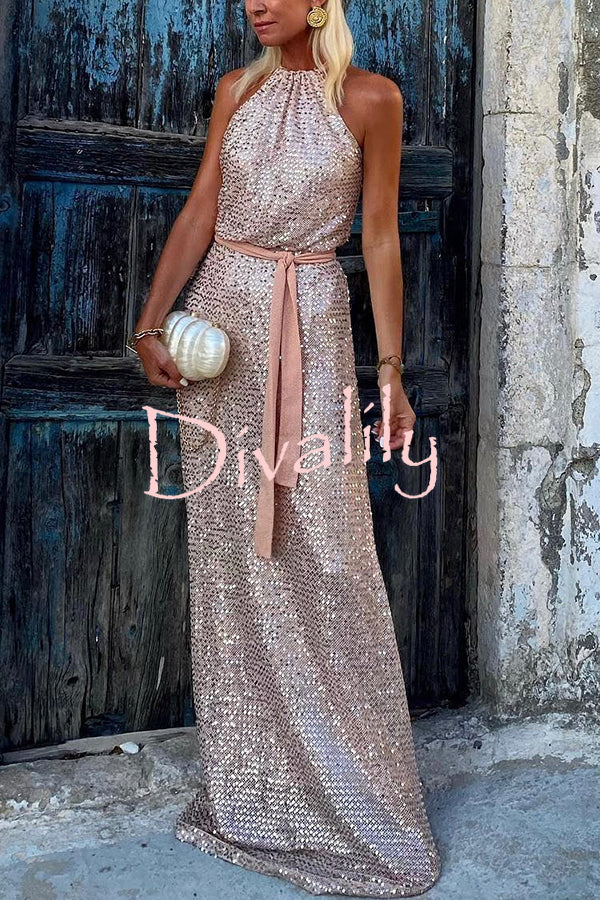 Evenings on The Island Sequin Halter Neck Belted Loose Maxi Dress