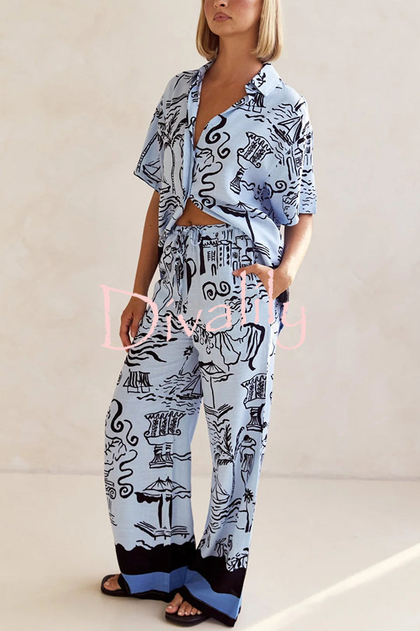 Fashionable Plant Print Loose Lapel Short Sleeve Shirt and Casual Elastic Waist Pocket Pants Set