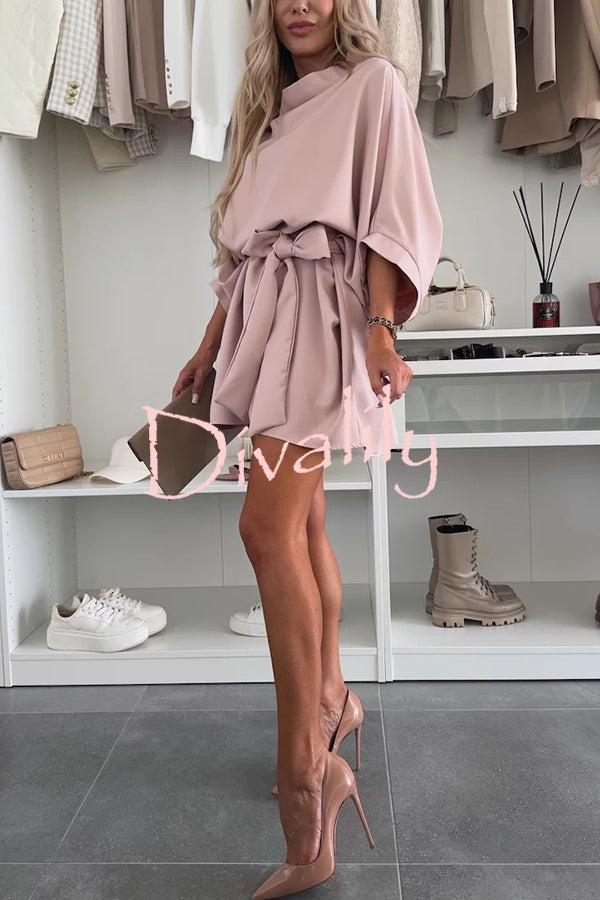 Solid Color Loose Round Neck Belted Mini Dress