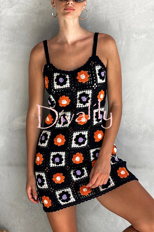 Embroidered Floral Strappy Knitted Mini Dress