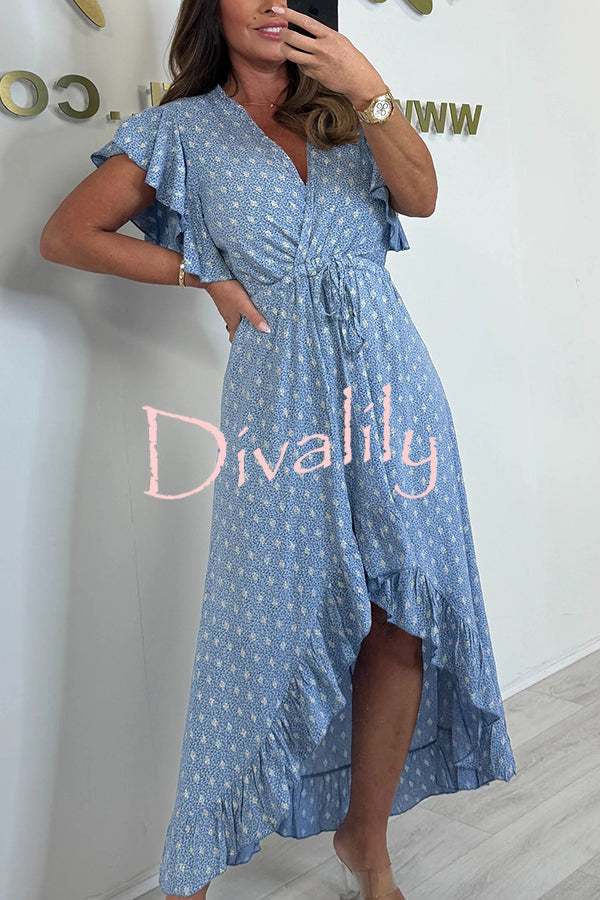 Resort Style V-neck Ruffle Sleeves Waist Tie Irregular Midi Dress