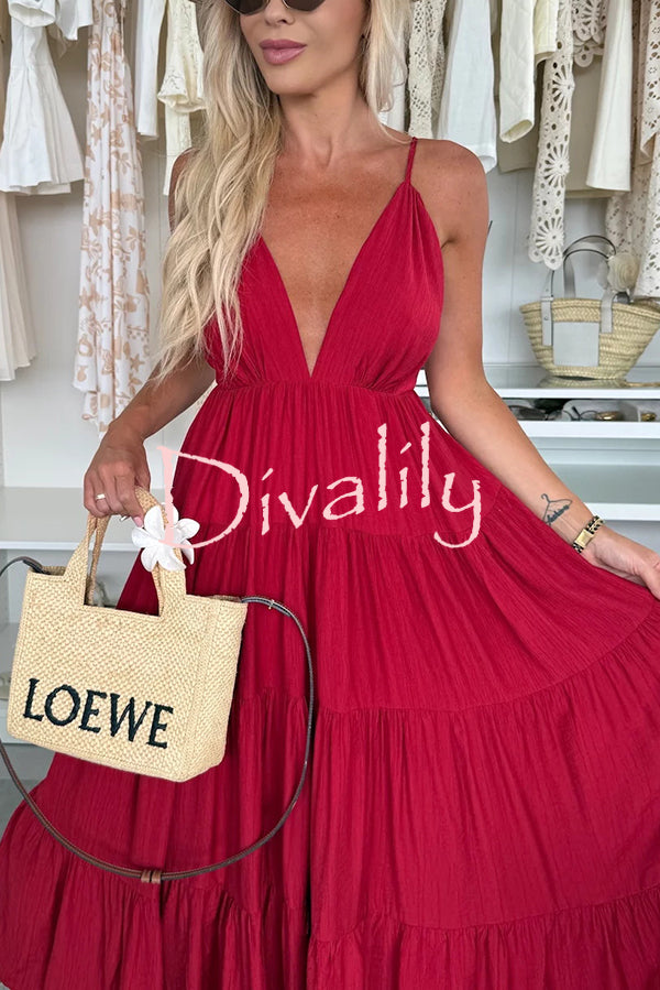 Bohemian Style V-neck Backless Slip Layered Vacation Maxi Dress