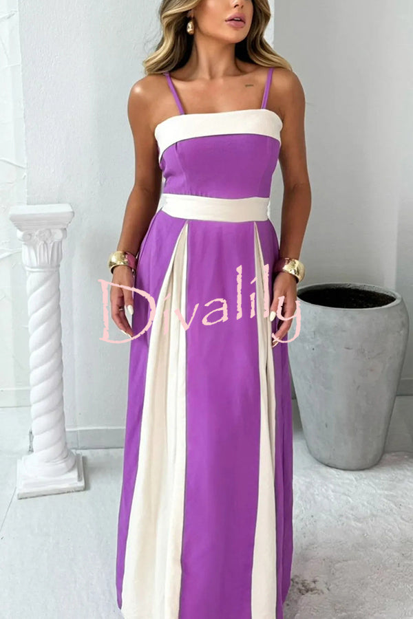 Fashion Contrast Color Sling Back Pleated Lace Up Maxi Dress