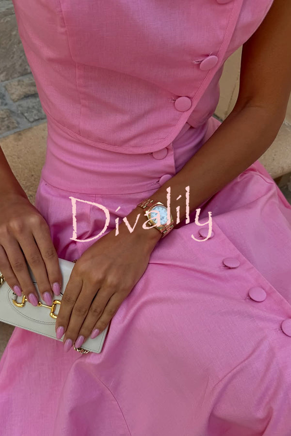 Solid Color Round Neck Button Crop Top and Elegant High Waist Slit Maxi Skirt Set