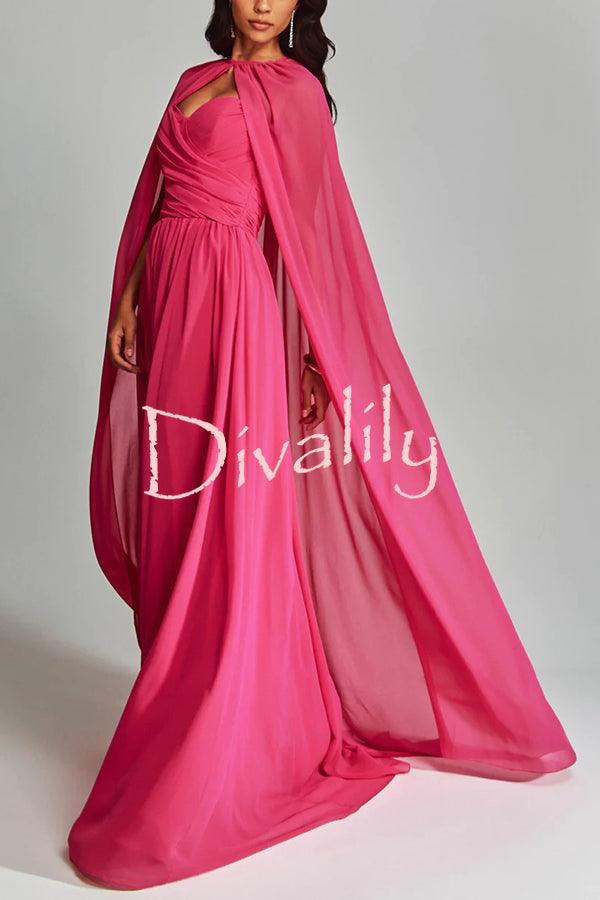 Romantic Party Chiffon Off Shoulder Sweetheart Neck Ruched Cape Maxi Dress