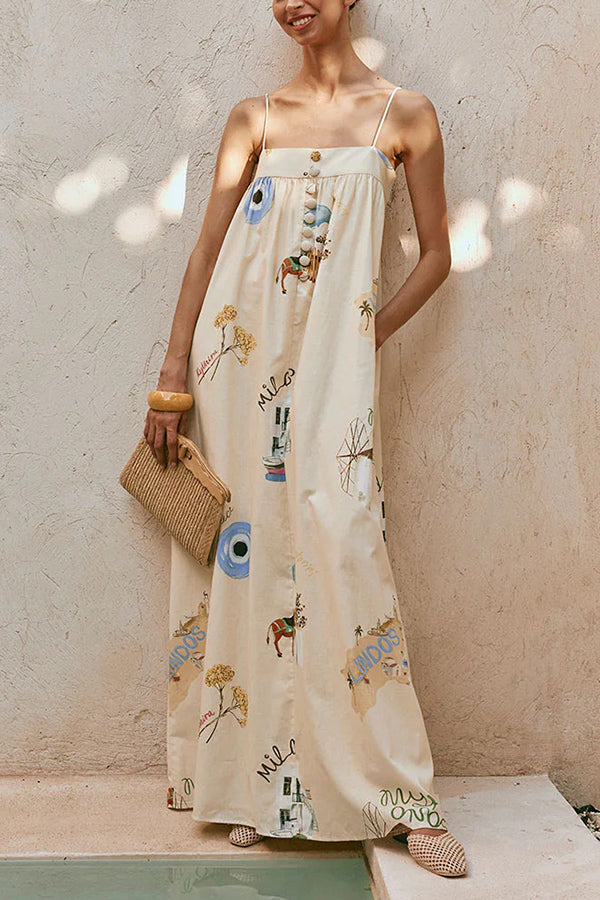 Linen Blend Sling Backless Loose Holiday Maxi Dress