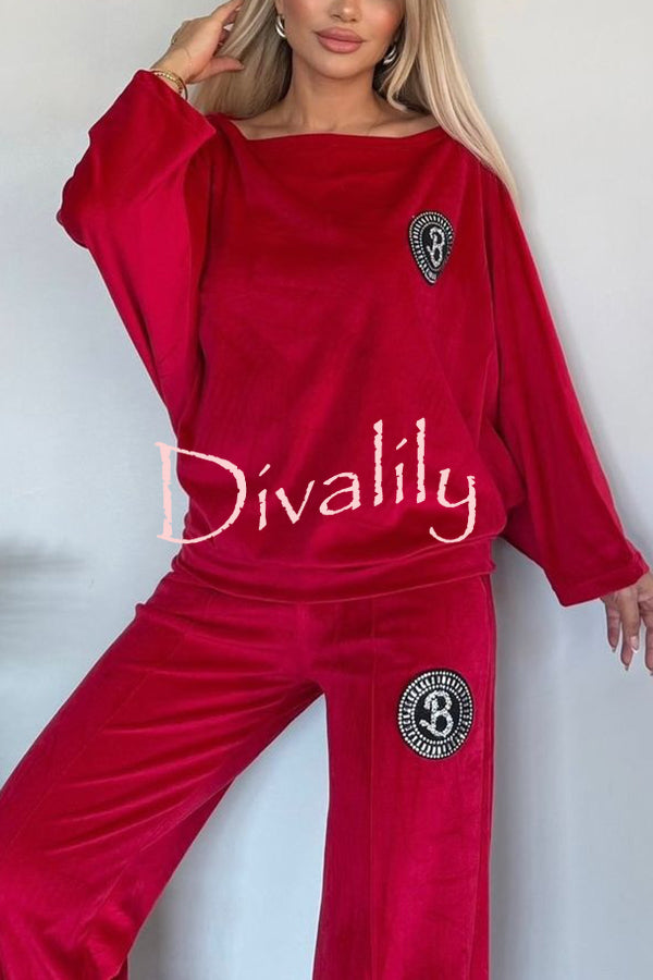 Solid Color Velvet Round Neck Bat Sleeve Casual Top and Elastic Waist Loose Pocket Pants Set