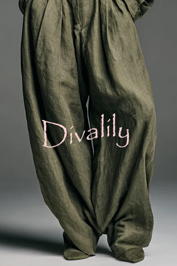 Linen Blend Lapel Long-sleeved Casual Shirt and High-waist Pocket Loose Wide-leg Pants Set