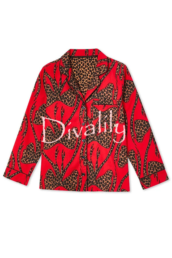 Stylish Colorblock Leopard Print Loose Shirt and Elastic Waist Pocketed Pajama Set