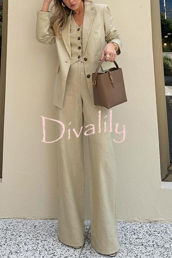 Solid Color Lapel Blazer + Slim Waistcoat and Pocket Wide-leg Pants Three-piece Set