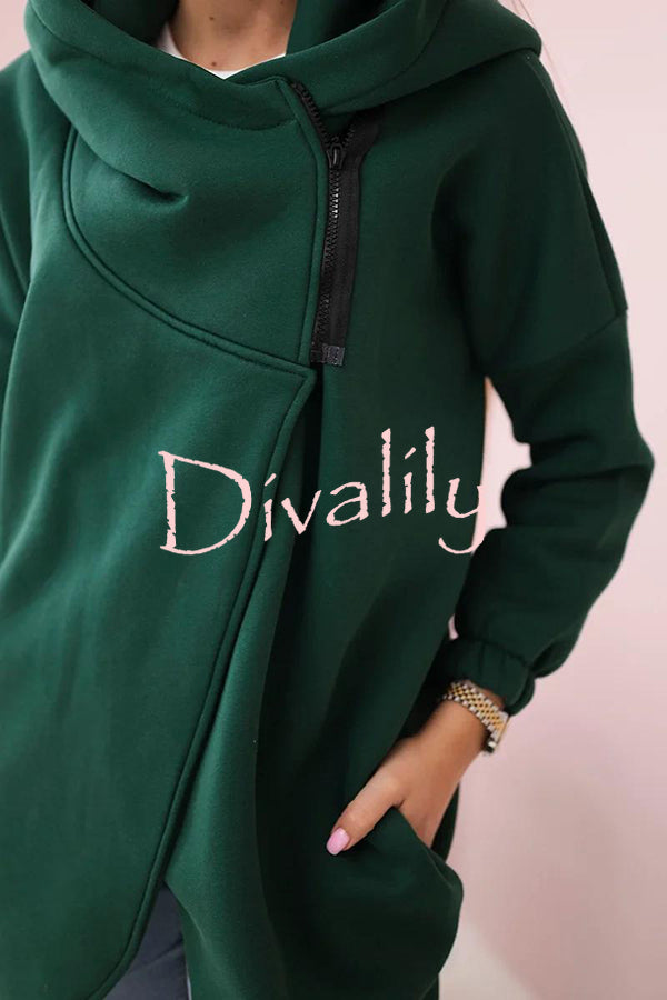 Solid Color Loose Hooded Zip-up Casual Sports Jacket