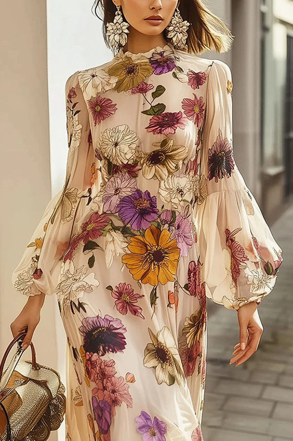Floral Print Elegant Long Sleeve Fitted Ruffle Maxi Dress