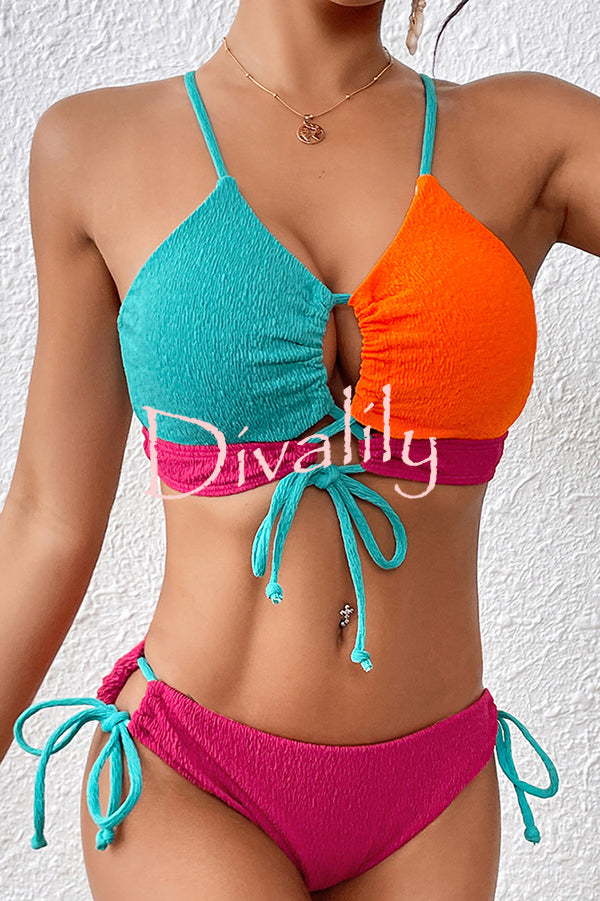 Fashion Contrast Color Sexy Cross Strap Stretch Two Piece Bikini Swimsuit