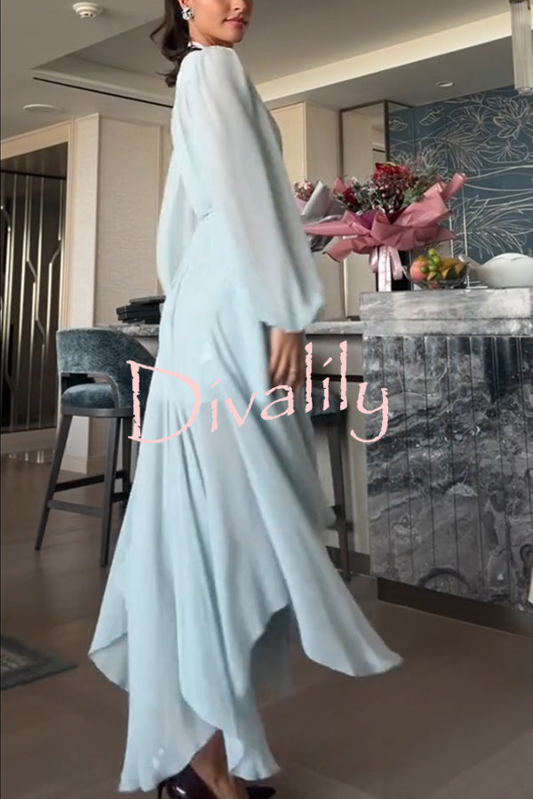 Elegant and Graceful Tie-up Neck Long Balloon Sleeve Handkerchief Midi Dress