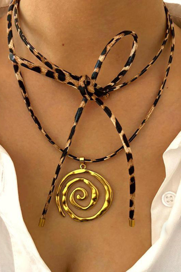 Stylish Leopard Print Leather Cord Spiral Stainless Steel Necklace