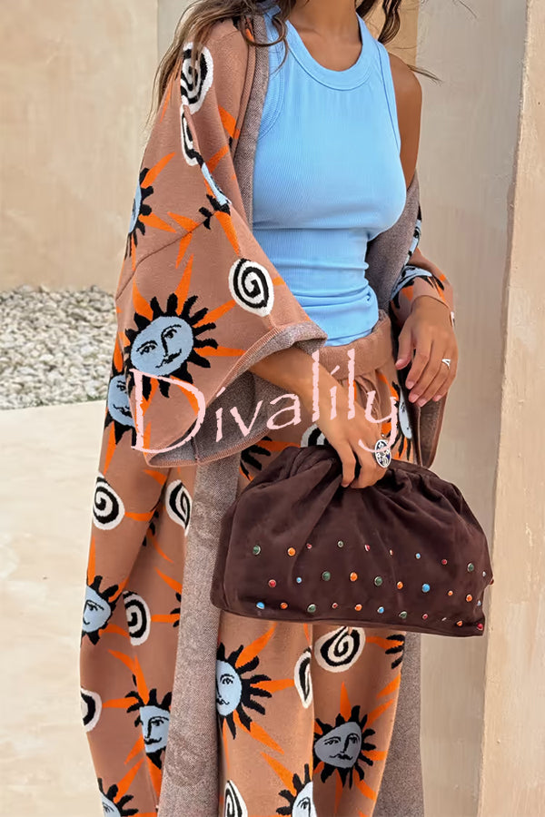 Mediterranean Art Knit Unique Sun Vortex Print Bell Sleeve Long Cardigan