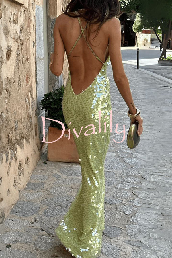 Fashionable Sequined Sexy Open Back Slim Maxi Dress